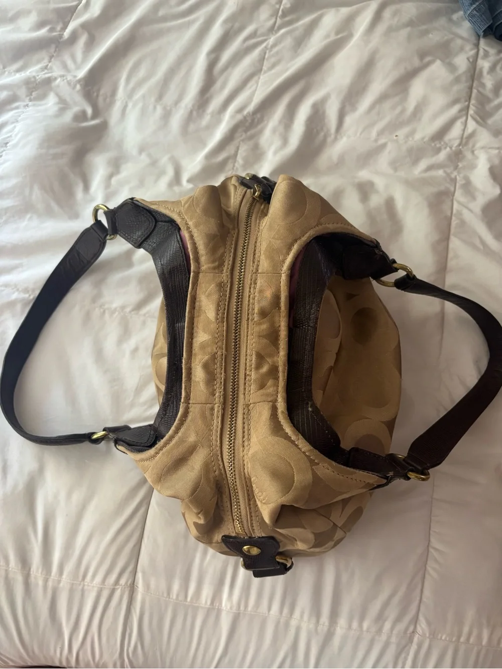 Coach Beige Signature Hobo with Dark Brown Leather Straps